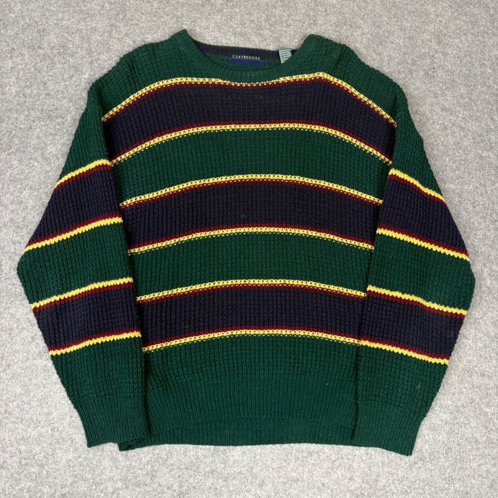Claybrooke‎ Mens XL Waffle Knit Striped Sweater Green Navy Blue Crewneck Vintage
